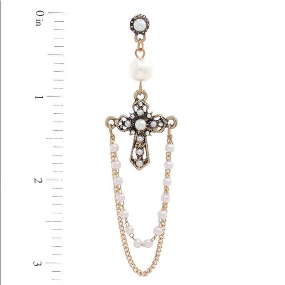 Cross Pearl Bead Dangle Earring - Picture 2 of 2